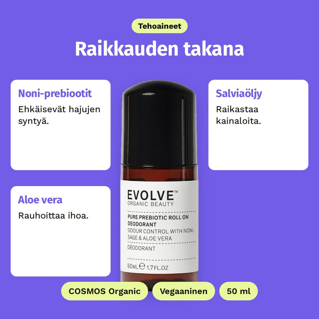 Evolve Pure Prebiotic Deodorantti 50 ml, tehoaineet: Noni-prebiootit, Salviaöljy ja Aloe vera. COSMOS Organic, Vegaaninen ja 50 ml.