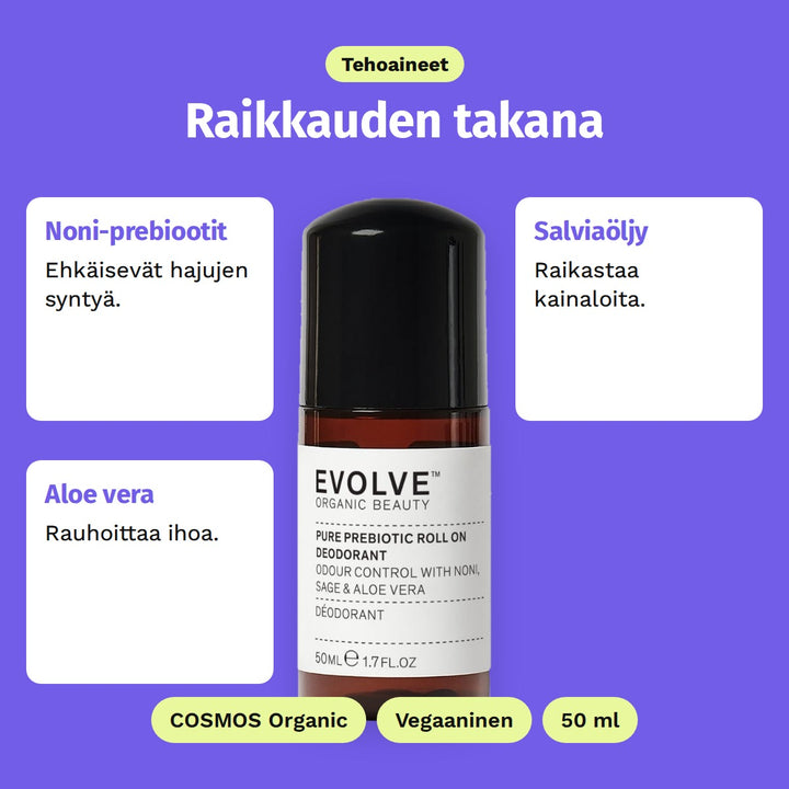 Evolve Pure Prebiotic Deodorantti 50 ml, tehoaineet: Noni-prebiootit, Salviaöljy ja Aloe vera. COSMOS Organic, Vegaaninen ja 50 ml.