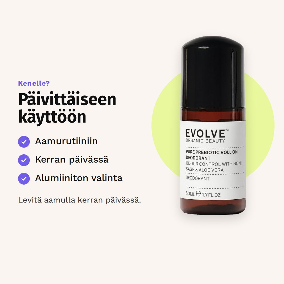 Evolve Pure Prebiotic Deodorantti 50 ml sopii: aamurutiiniin, kerran päivässä ja alumiiniton valinta.