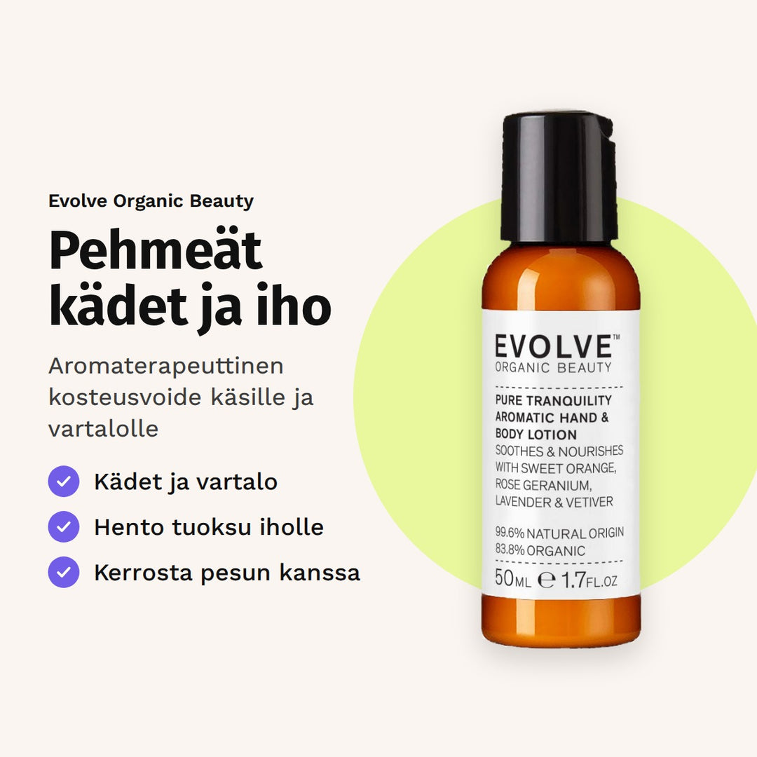 Evolve Pure Tranquility Hand &amp; Body Lotion 50 ml. Pehmeät kädet ja iho. Aromaterapeuttinen kosteusvoide käsille ja vartalolle.