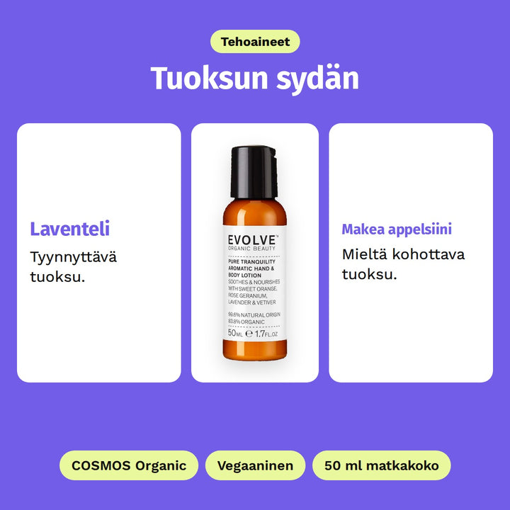 Evolve Pure Tranquility Hand &amp; Body Lotion 50 ml, tehoaineet: Laventeli ja Makea appelsiini. COSMOS Organic, Vegaaninen ja 50 ml matkakoko.