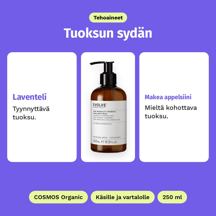 Evolve Pure Tranquility Hand &amp; Body Wash 250 ml, tehoaineet: Laventeli ja Makea appelsiini