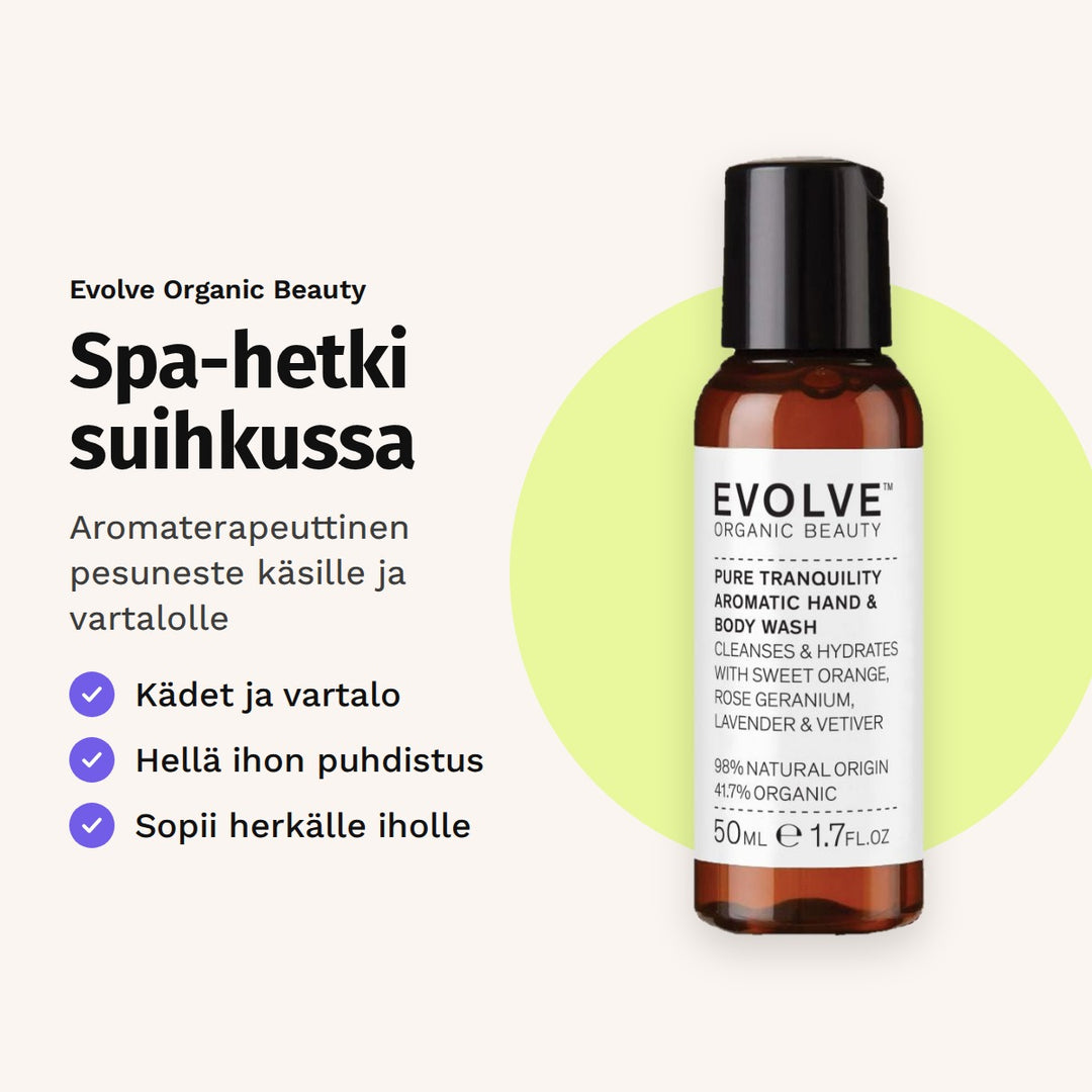 Evolve Pure Tranquility Hand &amp; Body Wash 50 ml. Spa-hetki suihkussa. Aromaterapeuttinen pesuneste käsille ja vartalolle.