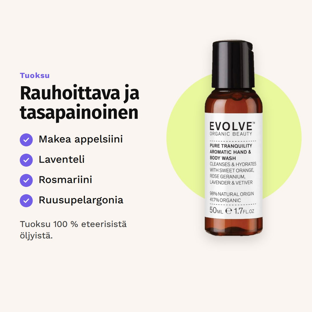 Evolve Pure Tranquility Hand &amp; Body Wash 50 ml tuoksu: makea appelsiini, laventeli, rosmariini ja ruusupelargonia.