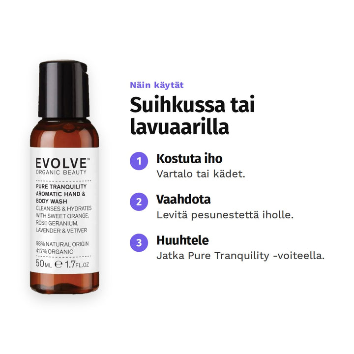 Evolve Pure Tranquility Hand &amp; Body Wash 50 ml, käyttö: 1. Kostuta iho: Vartalo tai kädet. 2. Vaahdota: Levitä pesunestettä iholle. 3. Huuhtele: Jatka Pure Tranquility -voiteella.