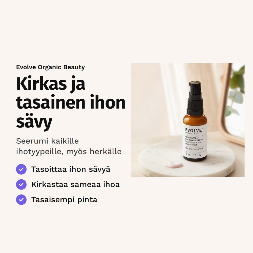 Evolve Resveratrol + Niacinamide Serum 30 ml. Kirkas ja tasainen ihon sävy. Seerumi kaikille ihotyypeille, myös herkälle.
