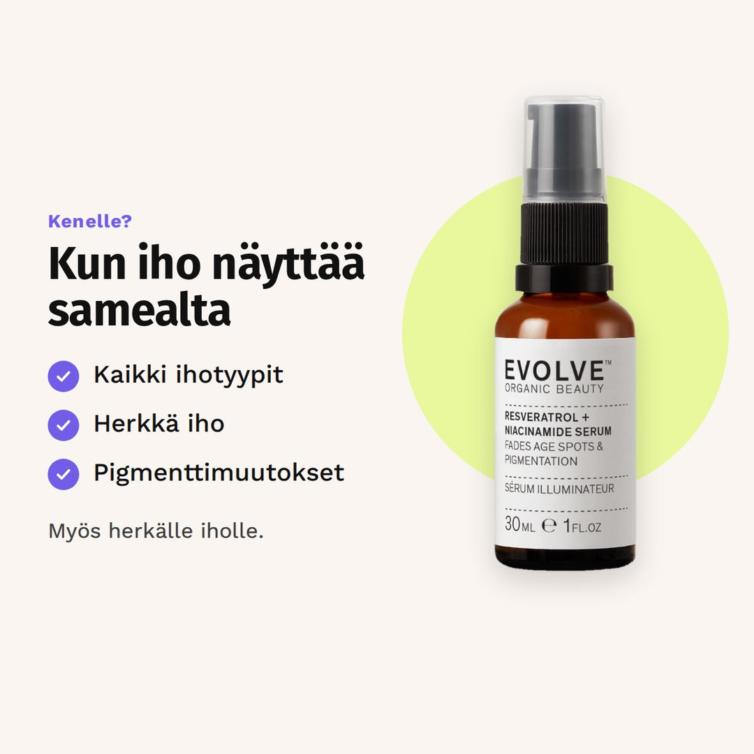 Evolve Resveratrol + Niacinamide Serum 30 ml sopii: kaikki ihotyypit, herkkä iho ja pigmenttimuutokset.