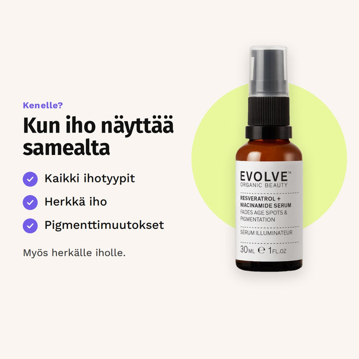 Evolve Resveratrol + Niacinamide Serum 30 ml sopii: kaikki ihotyypit, herkkä iho ja pigmenttimuutokset.