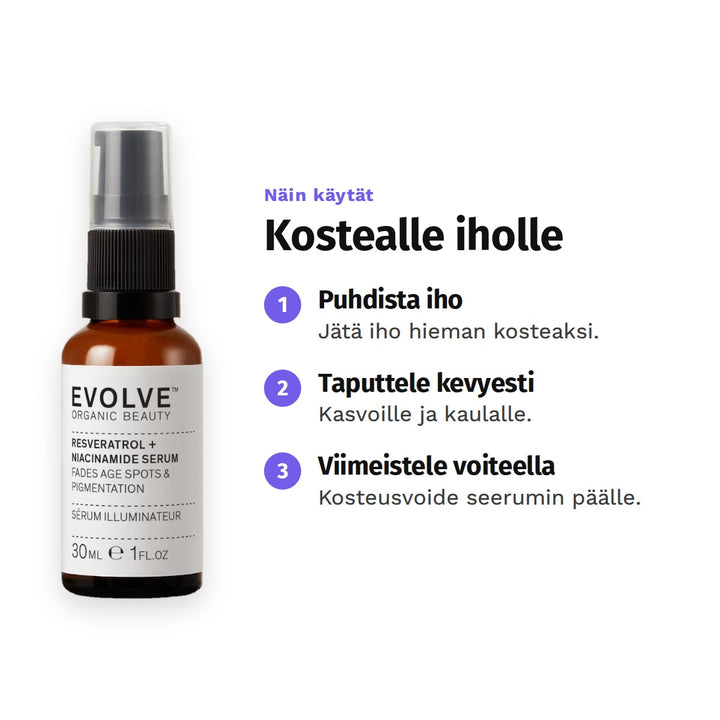 Evolve Resveratrol + Niacinamide Serum 30 ml, käyttö: 1. Puhdista iho: Jätä iho hieman kosteaksi. 2. Taputtele kevyesti: Kasvoille ja kaulalle. 3. Viimeistele voiteella: Kosteusvoide seerumin päälle.