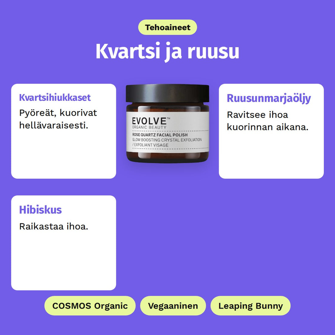 Evolve Rose Quartz Facial Polish 60 ml, tehoaineet: Kvartsihiukkaset, Ruusunmarjaöljy ja Hibiskus. COSMOS Organic, Vegaaninen ja Leaping Bunny.
