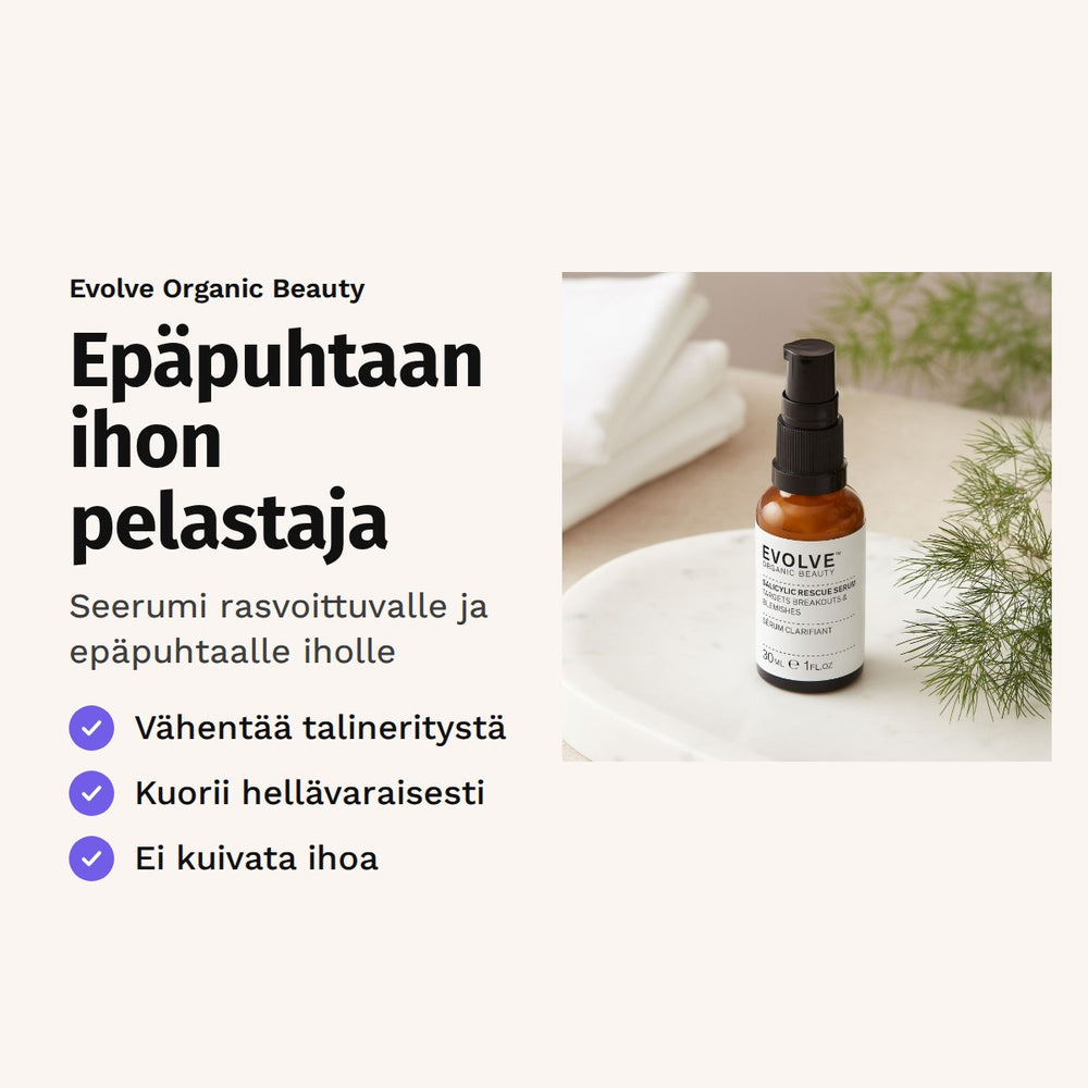 Evolve Salicylic Rescue Serum 30 ml. Epäpuhtaan ihon pelastaja. Seerumi rasvoittuvalle ja epäpuhtaalle iholle.