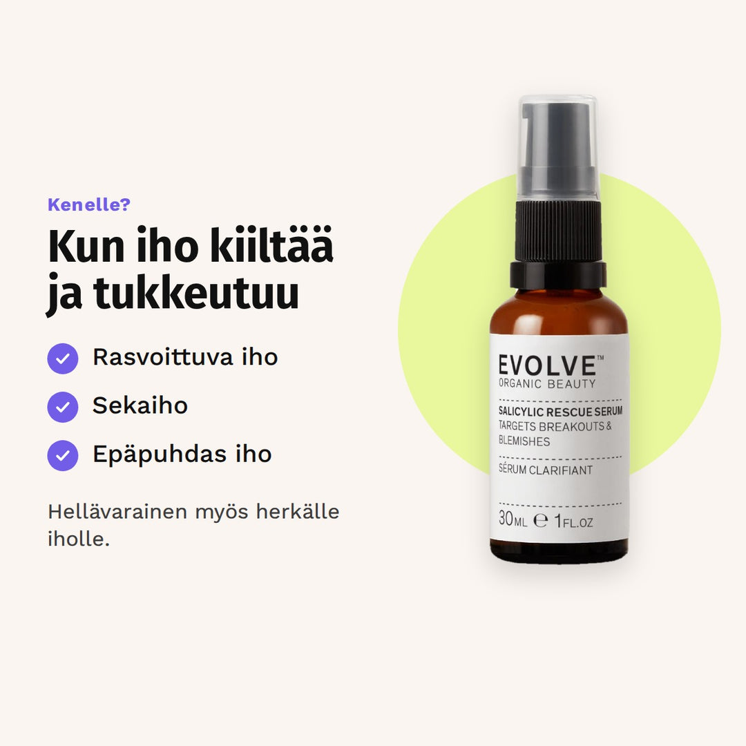 Evolve Salicylic Rescue Serum 30 ml sopii: rasvoittuva iho, sekaiho ja epäpuhdas iho.