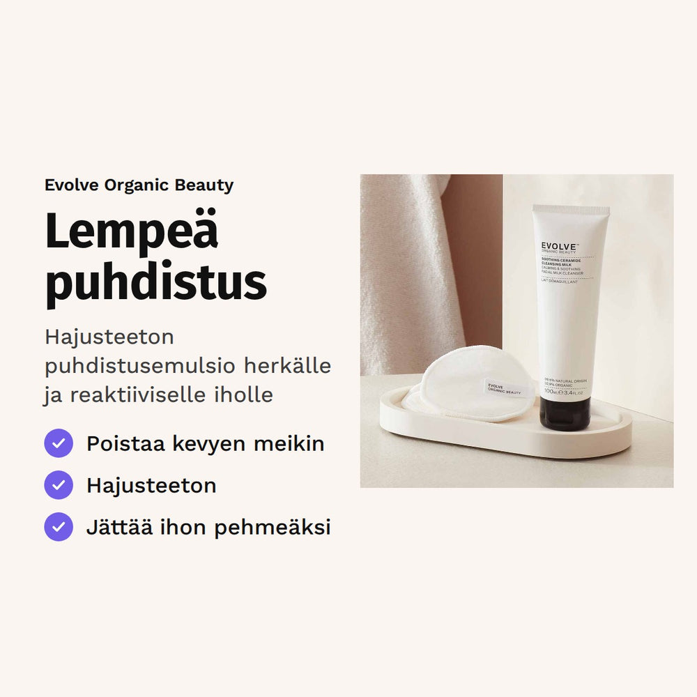 Evolve Soothing Ceramide Cleansing Milk 100 ml. Lempeä puhdistus. Hajusteeton puhdistusemulsio herkälle ja reaktiiviselle iholle. Kuvassa tuubi ja vanulaput kylpyhuoneessa.