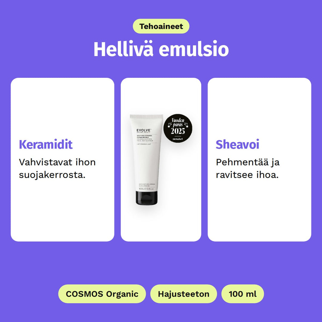 Evolve Soothing Ceramide Cleansing Milk 100 ml, tehoaineet: Keramidit ja Sheavoi. COSMOS Organic, Hajusteeton ja 100 ml.