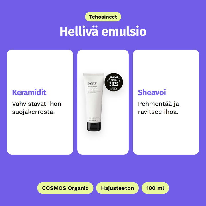 Evolve Soothing Ceramide Cleansing Milk 100 ml, tehoaineet: Keramidit ja Sheavoi. COSMOS Organic, Hajusteeton ja 100 ml.