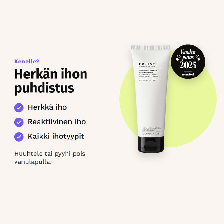 Evolve Soothing Ceramide Cleansing Milk 100 ml sopii: herkkä iho, reaktiivinen iho ja kaikki ihotyypit.