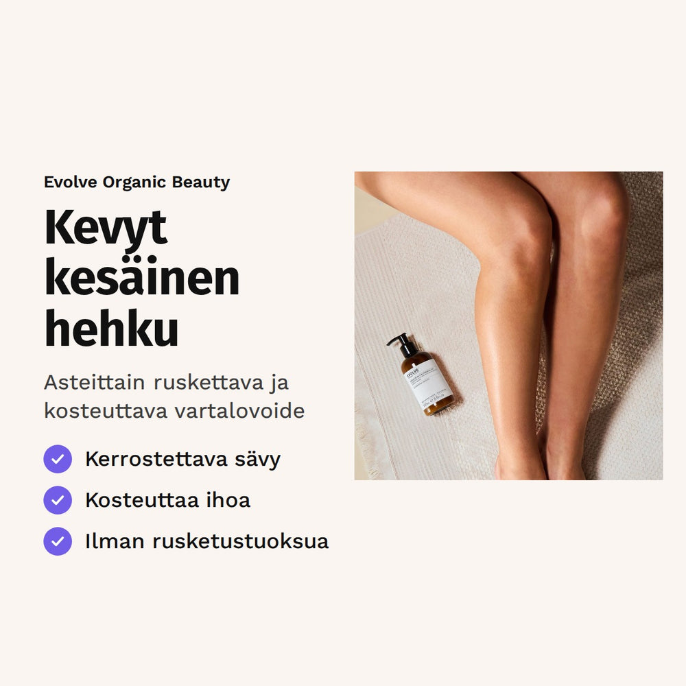 Evolve Sunless Glow Gradual Tan 250 ml. Kevyt kesäinen hehku. Asteittain ruskettava ja kosteuttava vartalovoide. Kuvassa sääret ja voidepullo.