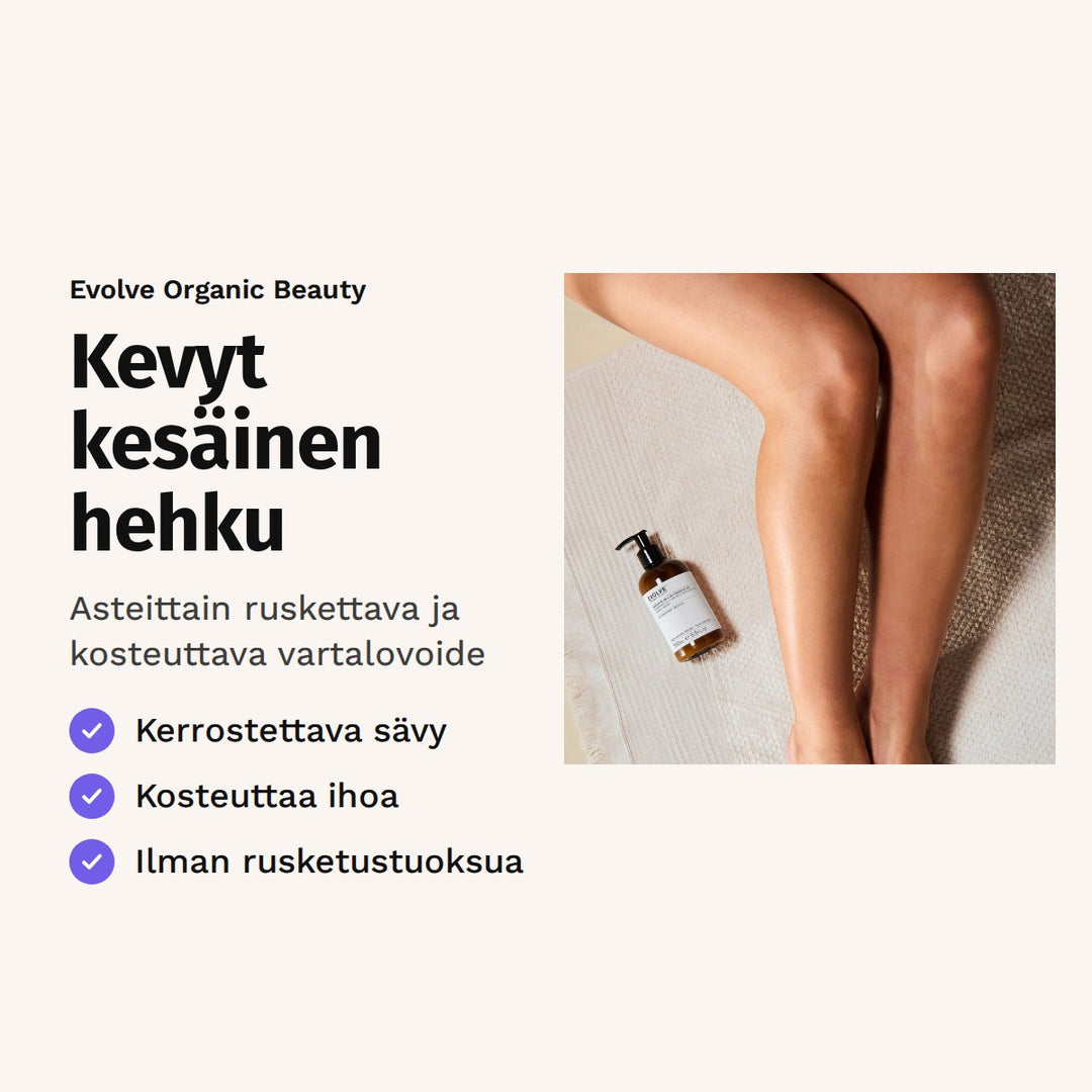 Evolve Sunless Glow Gradual Tan 250 ml. Kevyt kesäinen hehku. Asteittain ruskettava ja kosteuttava vartalovoide. Kuvassa sääret ja voidepullo.
