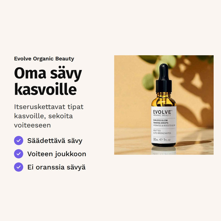 Evolve Sunless Glow Tanning Drops 30 ml. Oma sävy kasvoille. Itseruskettavat tipat kasvoille, sekoita voiteeseen. Kuvassa pipettipullo auringonvalossa.
