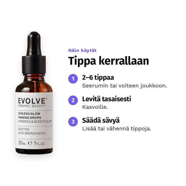 Evolve Sunless Glow Tanning Drops 30 ml, käyttö: 1. 2–6 tippaa: Seerumin tai voiteen joukkoon. 2. Levitä tasaisesti: Kasvoille. 3. Säädä sävyä: Lisää tai vähennä tippoja.