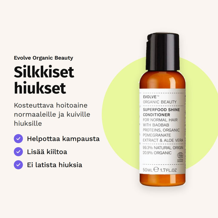 Evolve Superfood Shine Conditioner 50 ml. Silkkiset hiukset. Kosteuttava hoitoaine normaaleille ja kuiville hiuksille.
