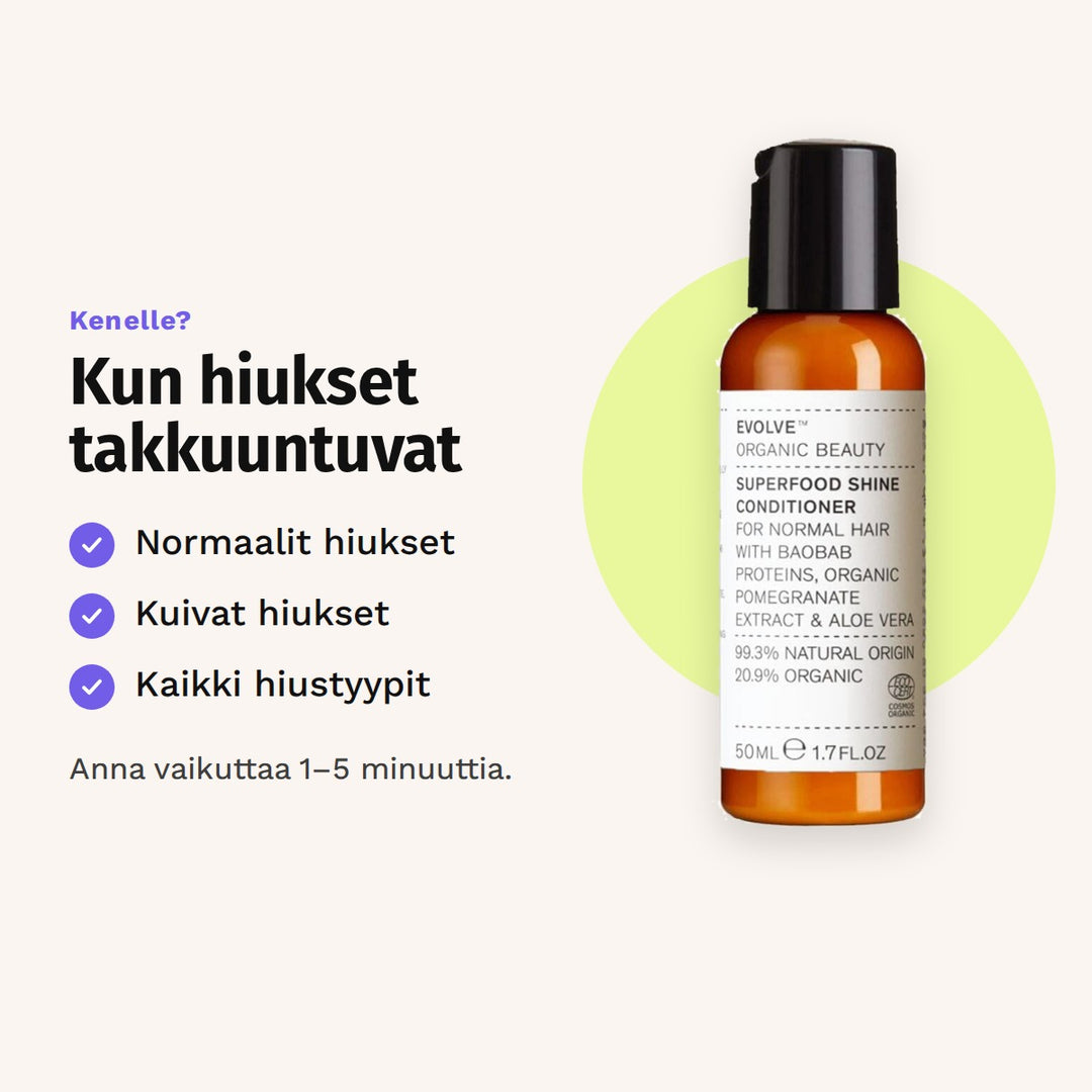 Evolve Superfood Shine Conditioner 50 ml sopii: normaalit hiukset, kuivat hiukset ja kaikki hiustyypit.