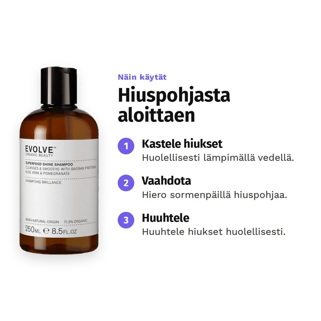 Evolve Superfood Shine Shampoo 250 ml, käyttö: 1. Kastele hiukset: Huolellisesti lämpimällä vedellä. 2. Vaahdota: Hiero sormenpäillä hiuspohjaa. 3. Huuhtele: Huuhtele hiukset huolellisesti.