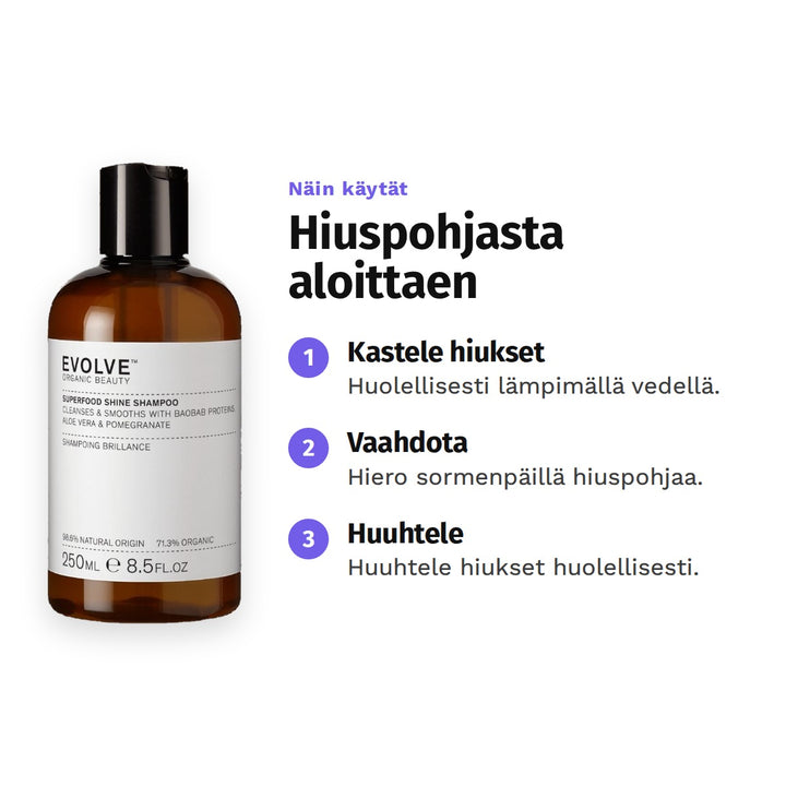 Evolve Superfood Shine Shampoo 250 ml, käyttö: 1. Kastele hiukset: Huolellisesti lämpimällä vedellä. 2. Vaahdota: Hiero sormenpäillä hiuspohjaa. 3. Huuhtele: Huuhtele hiukset huolellisesti.