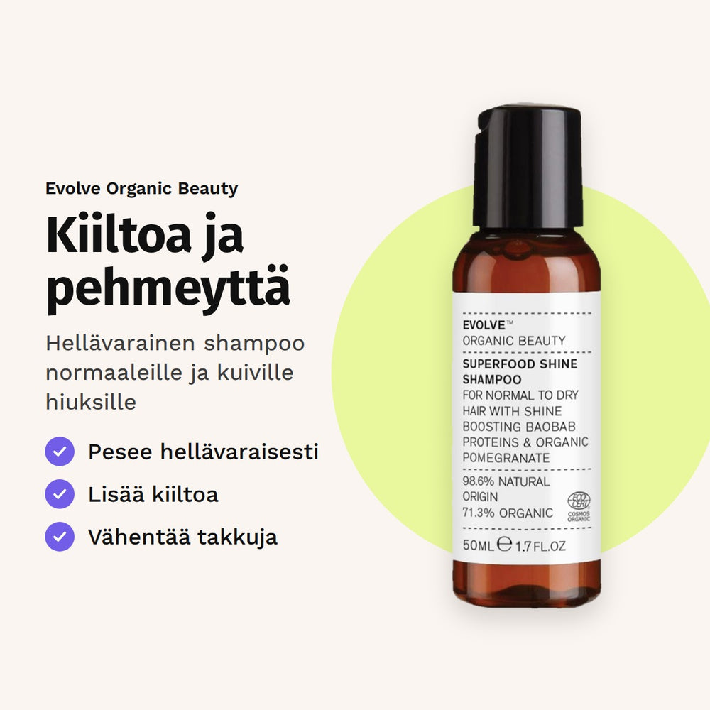 Evolve Superfood Shine Shampoo 60 ml. Kiiltoa ja pehmeyttä. Hellävarainen shampoo normaaleille ja kuiville hiuksille.