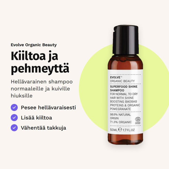 Evolve Superfood Shine Shampoo 60 ml. Kiiltoa ja pehmeyttä. Hellävarainen shampoo normaaleille ja kuiville hiuksille.