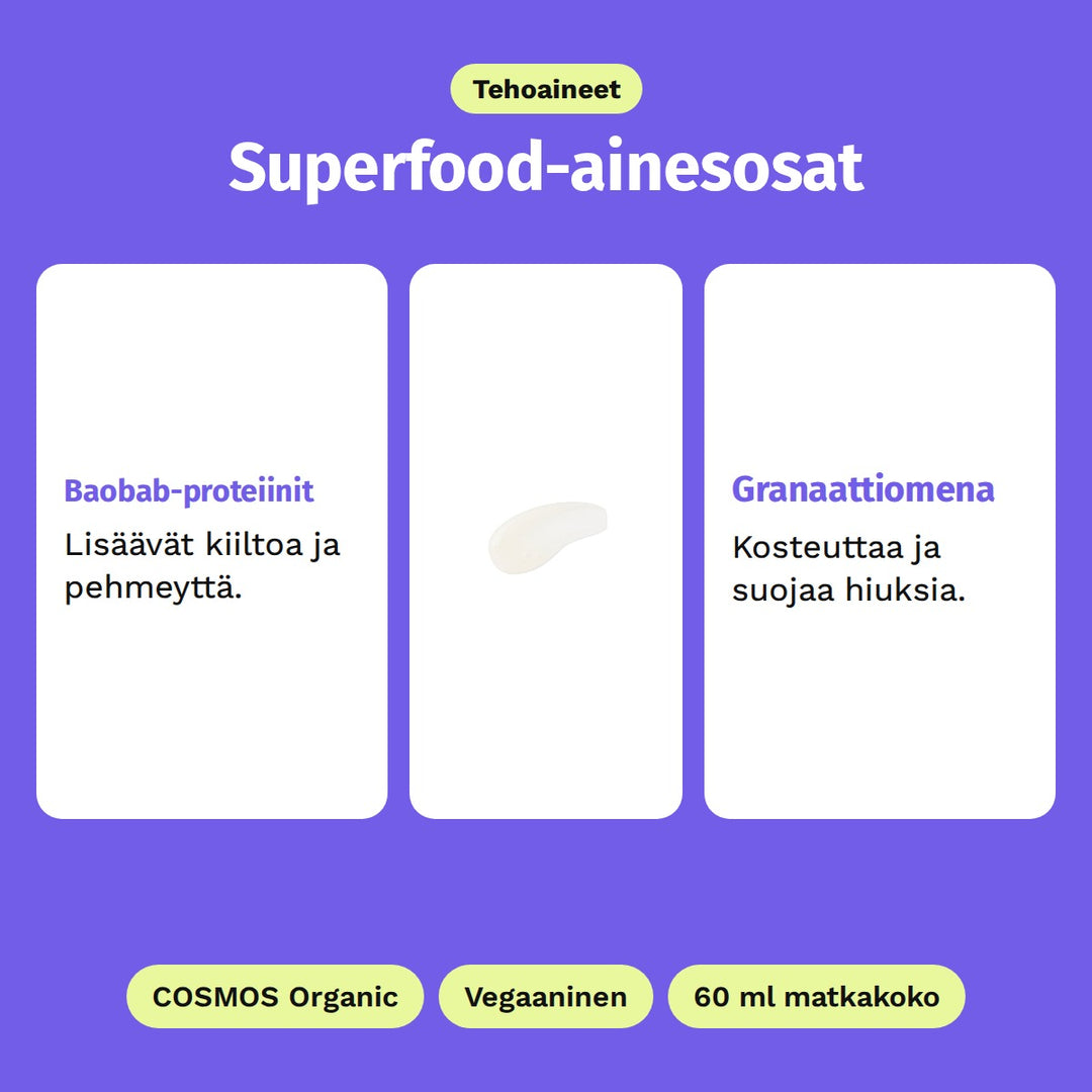 Evolve Superfood Shine Shampoo 60 ml, tehoaineet: Baobab-proteiinit ja Granaattiomena. COSMOS Organic, Vegaaninen ja 60 ml matkakoko.