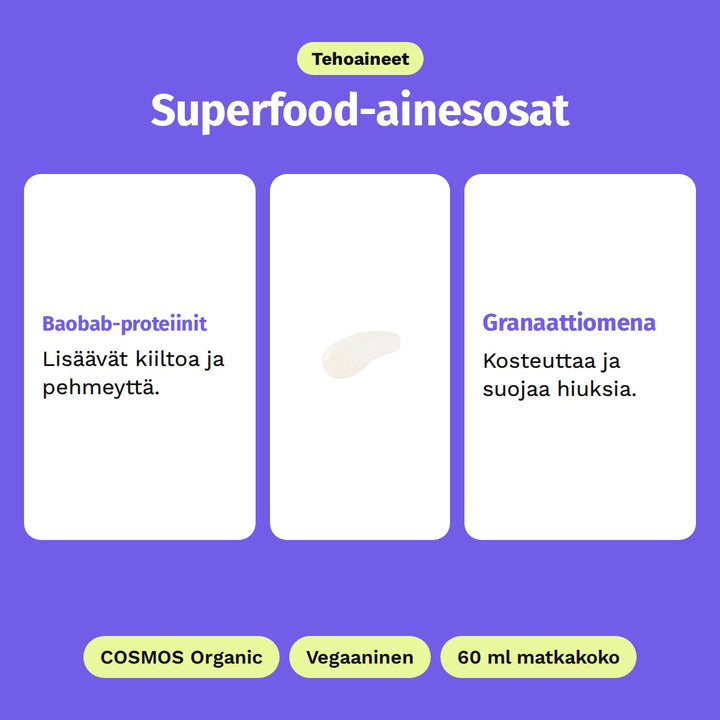 Evolve Superfood Shine Shampoo 60 ml, tehoaineet: Baobab-proteiinit ja Granaattiomena. COSMOS Organic, Vegaaninen ja 60 ml matkakoko.