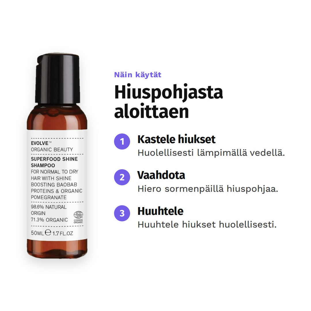 Evolve Superfood Shine Shampoo 60 ml, käyttö: 1. Kastele hiukset: Huolellisesti lämpimällä vedellä. 2. Vaahdota: Hiero sormenpäillä hiuspohjaa. 3. Huuhtele: Huuhtele hiukset huolellisesti.