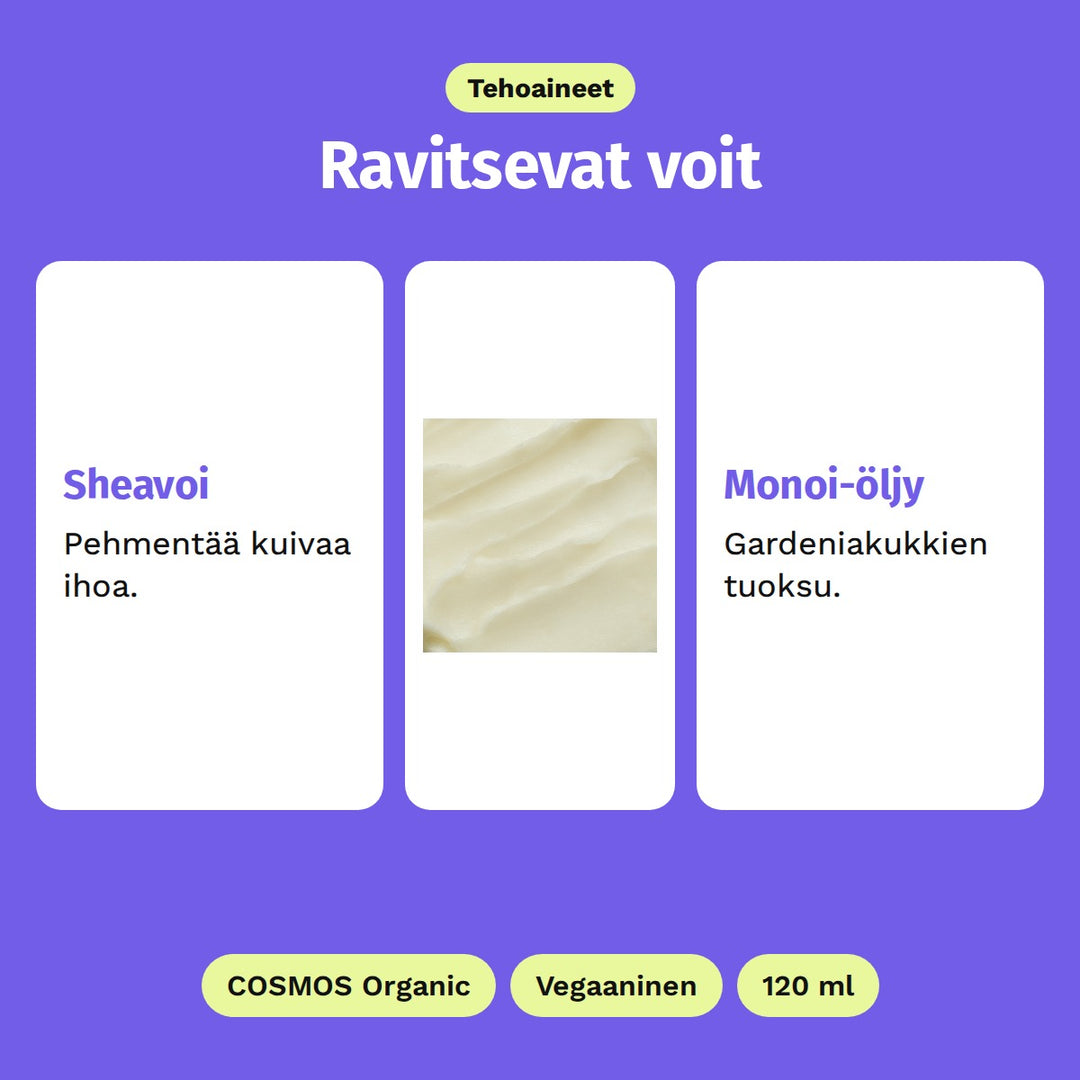 Evolve Tropical Blossom Body Butter 120 ml, tehoaineet: Sheavoi ja Monoi-öljy. Kuvassa vartalovoin koostumus. COSMOS Organic, Vegaaninen ja 120 ml.