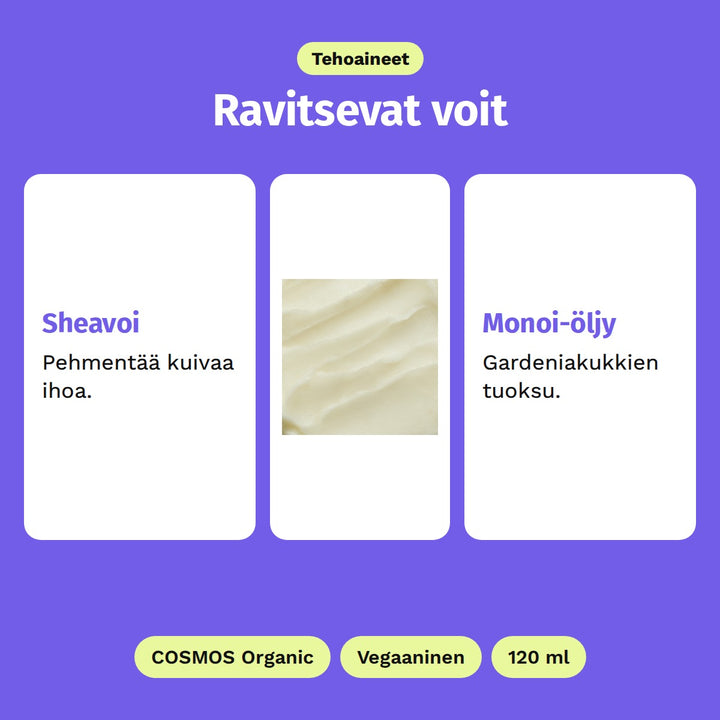 Evolve Tropical Blossom Body Butter 120 ml, tehoaineet: Sheavoi ja Monoi-öljy. Kuvassa vartalovoin koostumus. COSMOS Organic, Vegaaninen ja 120 ml.