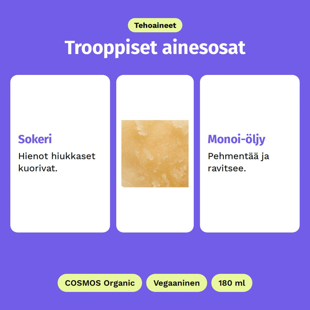 Evolve Tropical Blossom Body Polish 180 ml, tehoaineet: Sokeri ja Monoi-öljy. Kuvassa sokerikuorinnan koostumus. COSMOS Organic, Vegaaninen ja 180 ml.