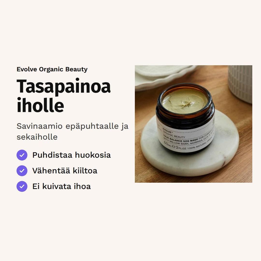Evolve True Balance SOS Mask 60 ml. Tasapainoa iholle. Savinaamio epäpuhtaalle ja sekaiholle. Kuvassa avattu naamiopurkki.