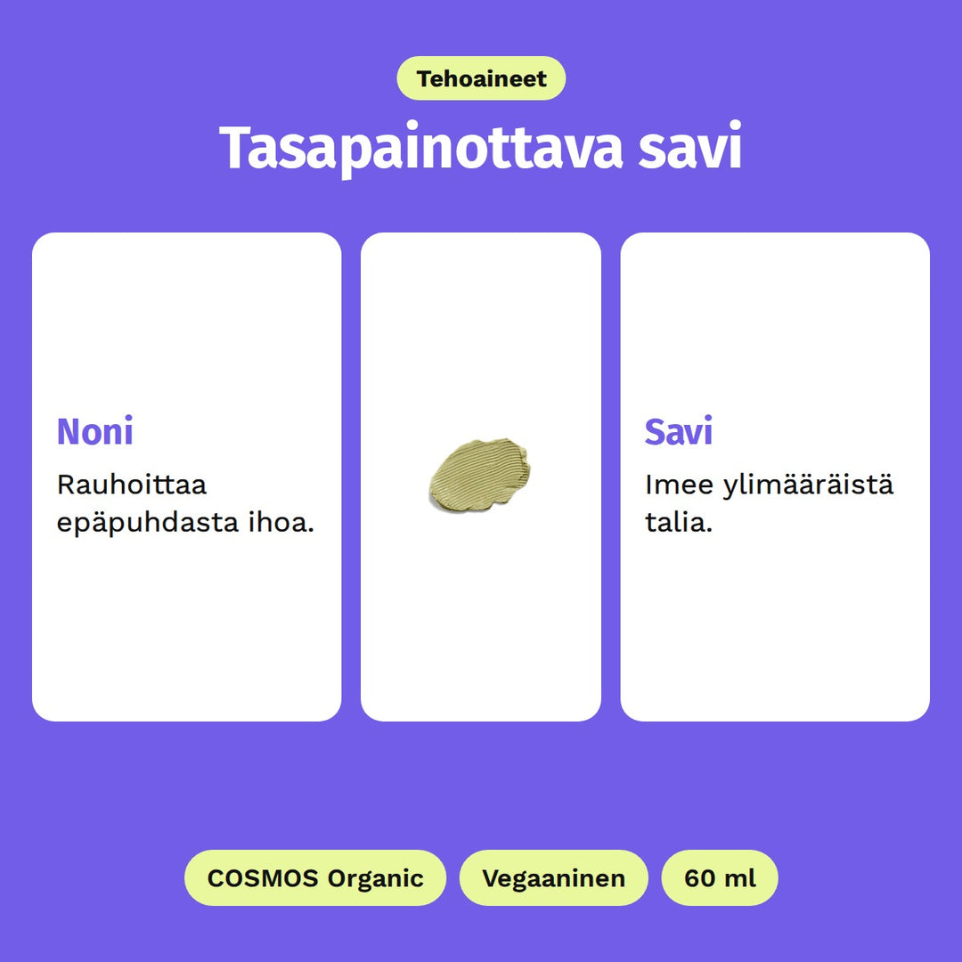 Evolve True Balance SOS Mask 60 ml, tehoaineet: Noni ja Savi. Kuvassa vihreä savinaamio. COSMOS Organic, Vegaaninen ja 60 ml.