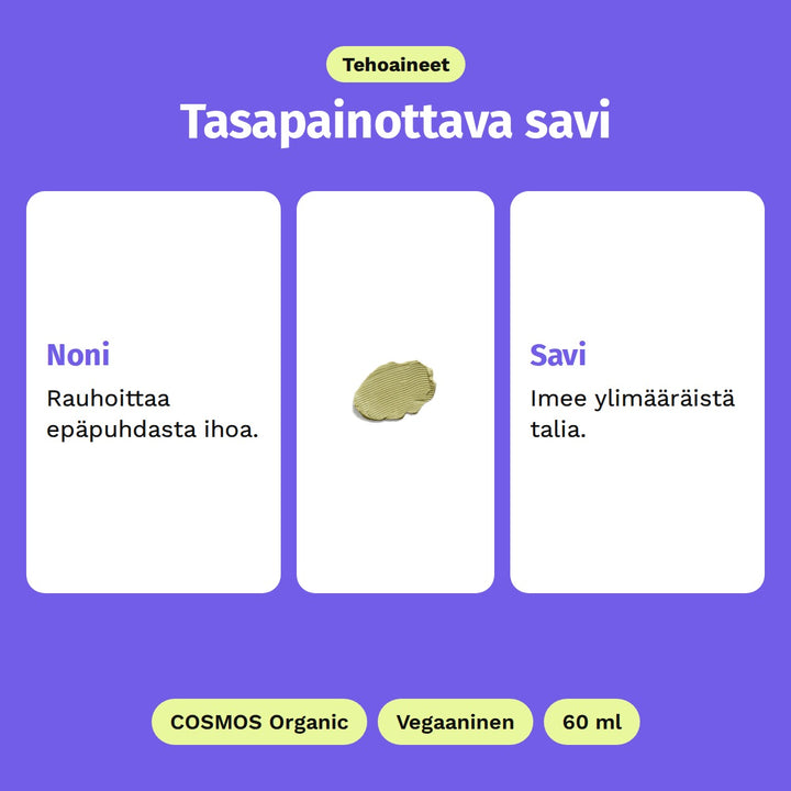 Evolve True Balance SOS Mask 60 ml, tehoaineet: Noni ja Savi. Kuvassa vihreä savinaamio. COSMOS Organic, Vegaaninen ja 60 ml.