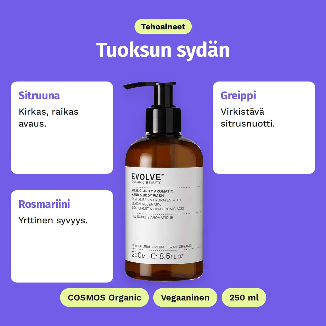 Evolve Vital Clarity Aromatic Wash 250 ml, tehoaineet: Sitruuna, Greippi ja Rosmariini. COSMOS Organic, Vegaaninen ja 250 ml.