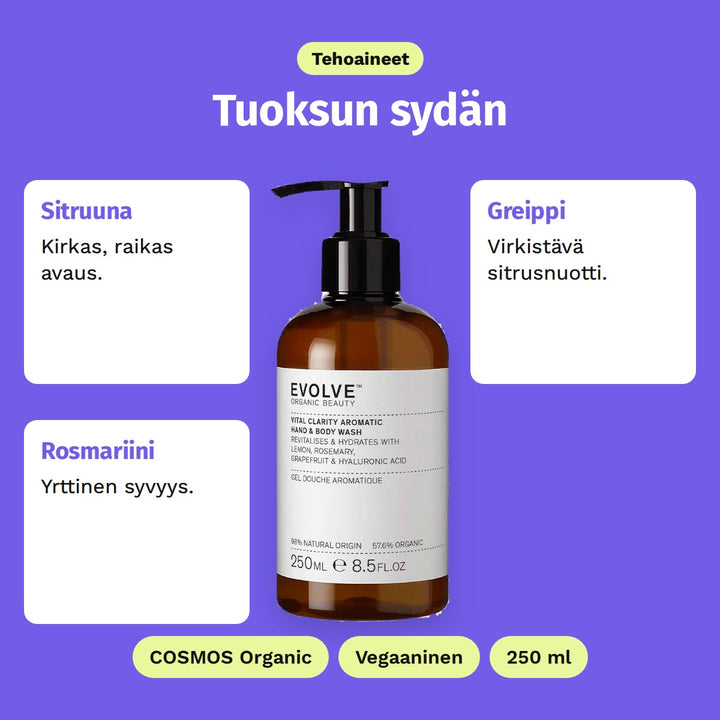 Evolve Vital Clarity Aromatic Wash 250 ml, tehoaineet: Sitruuna, Greippi ja Rosmariini. COSMOS Organic, Vegaaninen ja 250 ml.