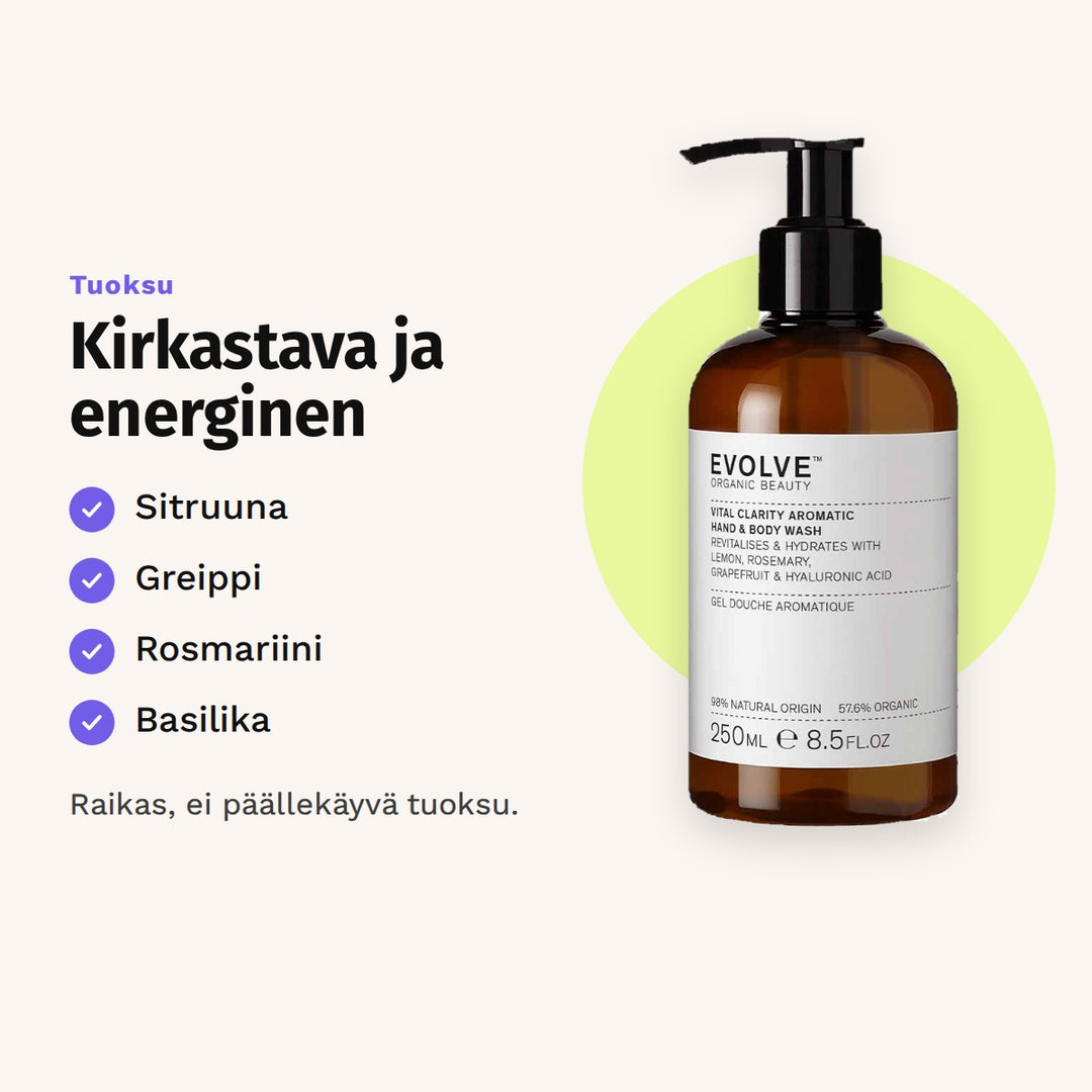 Evolve Vital Clarity Aromatic Wash 250 ml tuoksu: sitruuna, greippi, rosmariini ja basilika.