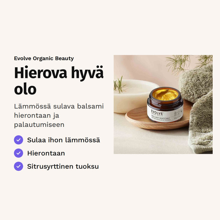 Evolve Vital Clarity Muscle Melt 30 ml. Hierova hyvä olo. Lämmössä sulava balsami hierontaan ja palautumiseen. Kuvassa balsamipurkki pyyhkeen vieressä.