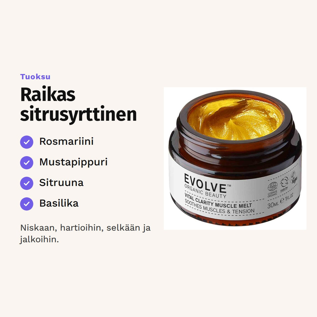 Evolve Vital Clarity Muscle Melt 30 ml tuoksu: rosmariini, mustapippuri, sitruuna ja basilika.