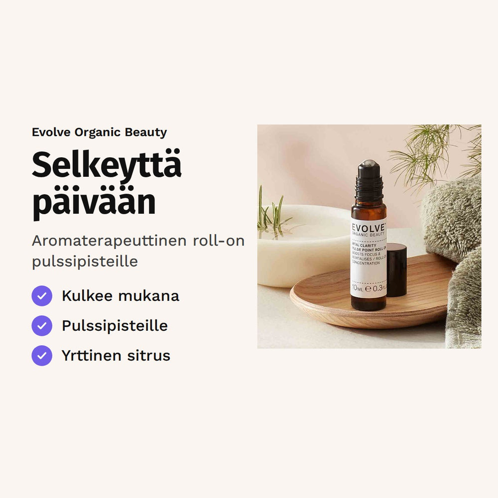 Evolve Vital Clarity Pulse Point Roll-On 10 ml. Selkeyttä päivään. Aromaterapeuttinen roll-on pulssipisteille. Kuvassa roll-on-pullo puutarjottimella.