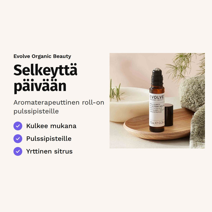 Evolve Vital Clarity Pulse Point Roll-On 10 ml. Selkeyttä päivään. Aromaterapeuttinen roll-on pulssipisteille. Kuvassa roll-on-pullo puutarjottimella.