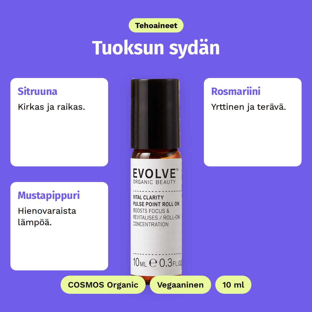 Evolve Vital Clarity Pulse Point Roll-On 10 ml, tehoaineet: Sitruuna, Rosmariini ja Mustapippuri. COSMOS Organic, Vegaaninen ja 10 ml.