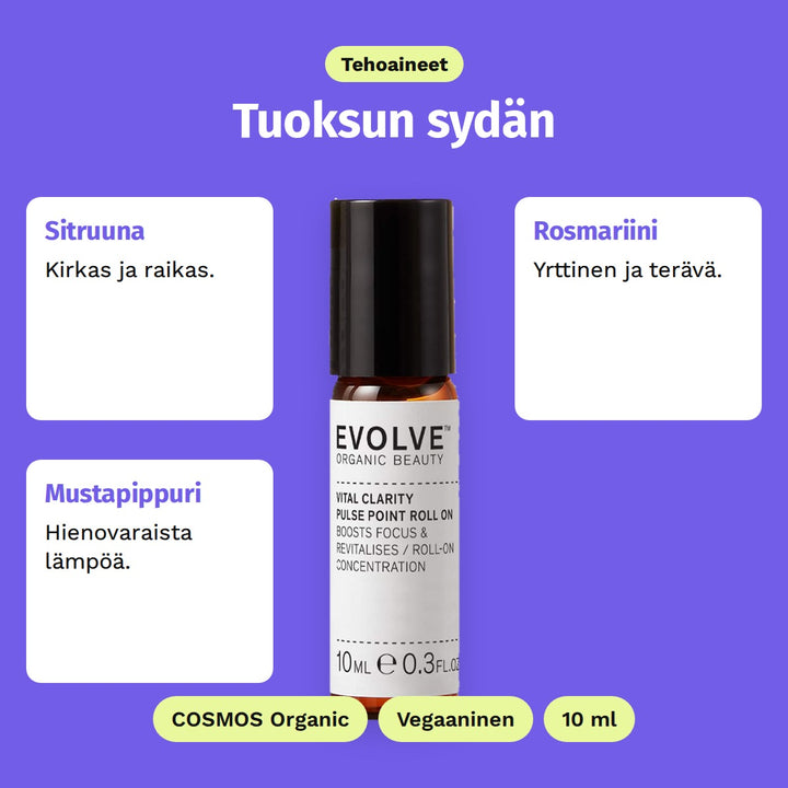 Evolve Vital Clarity Pulse Point Roll-On 10 ml, tehoaineet: Sitruuna, Rosmariini ja Mustapippuri. COSMOS Organic, Vegaaninen ja 10 ml.