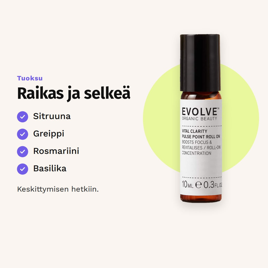 Evolve Vital Clarity Pulse Point Roll-On 10 ml tuoksu: sitruuna, greippi, rosmariini ja basilika.