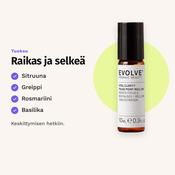 Evolve Vital Clarity Pulse Point Roll-On 10 ml tuoksu: sitruuna, greippi, rosmariini ja basilika.